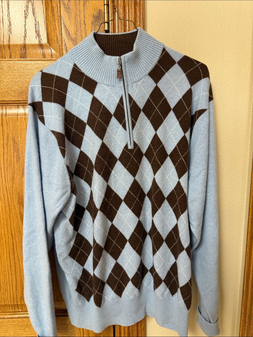 Peter Millar Light Blue and Brown Argyle Half-Zip Sweater